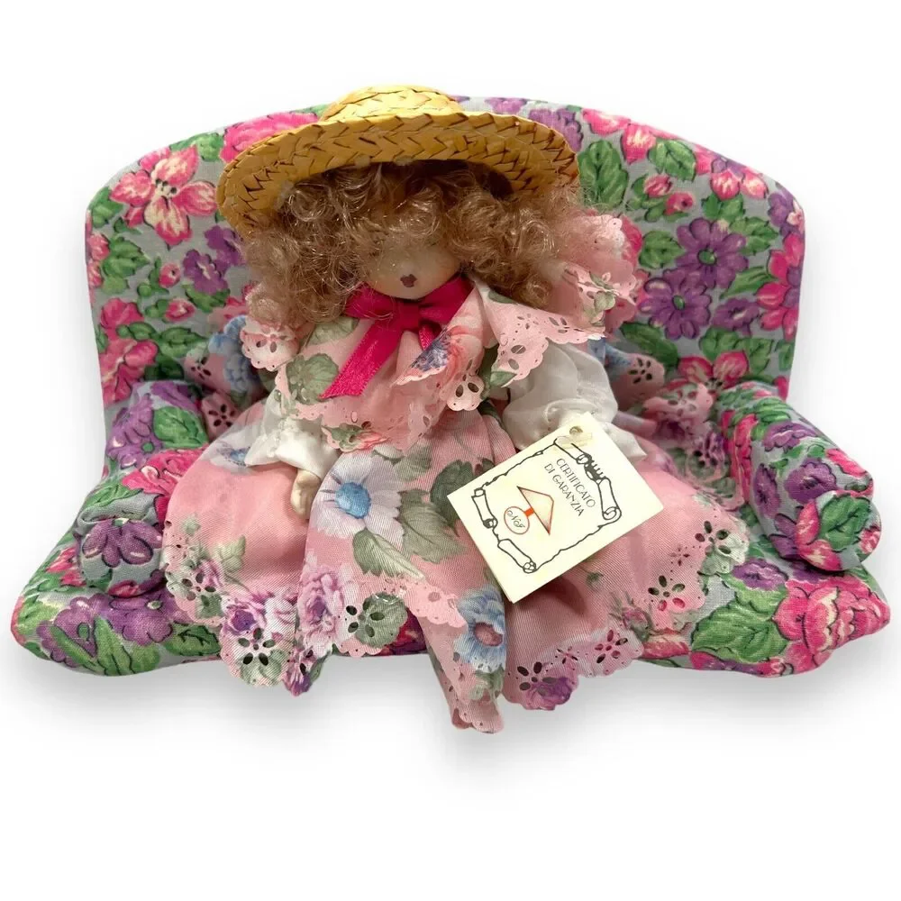 Vintage Pink Capodimonte Bisque Doll Couch Sofa Floral‎ Bisque Porcelain w/ Tag